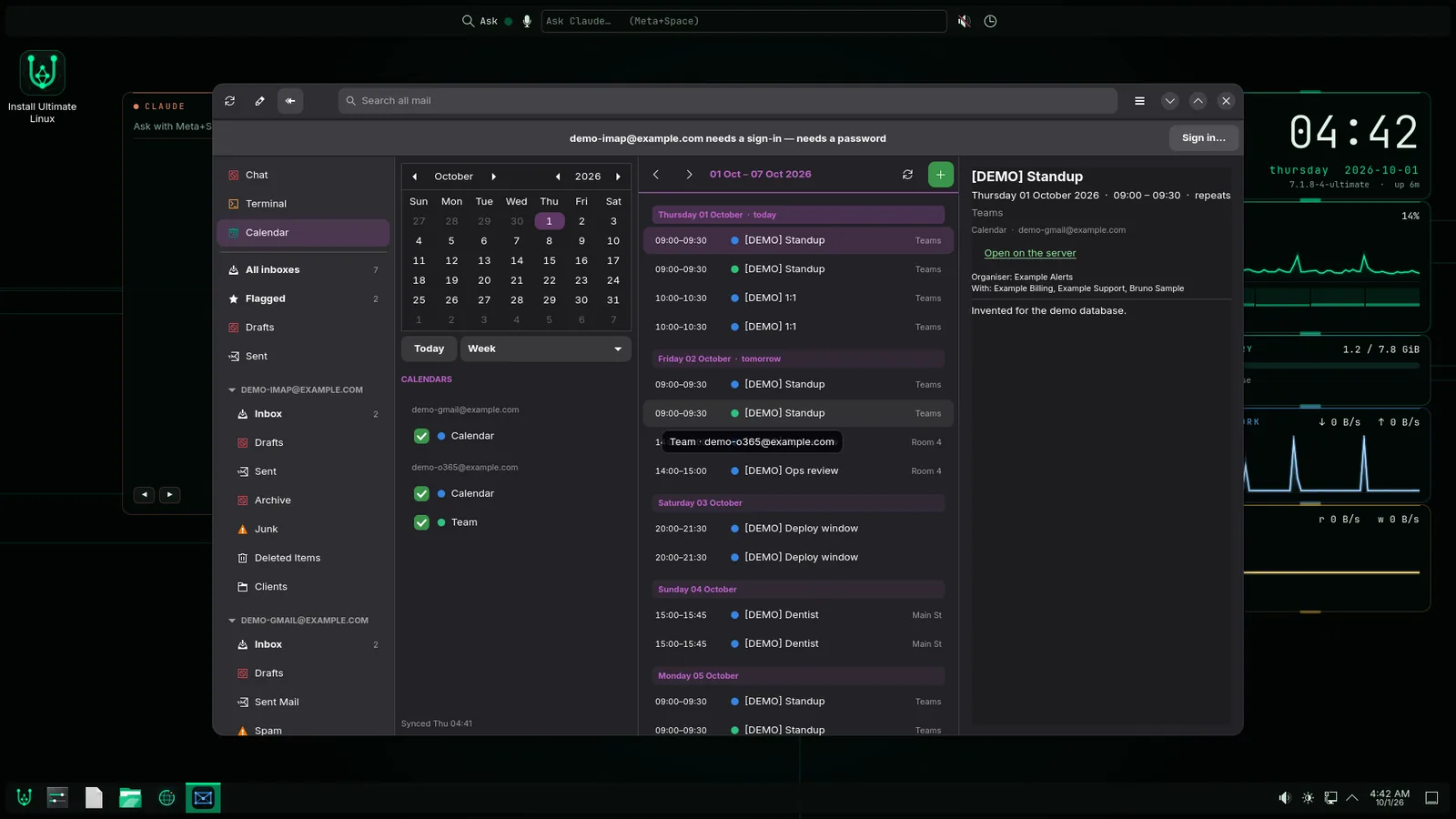 Ultimate Mail's calendar view with a week of demo events