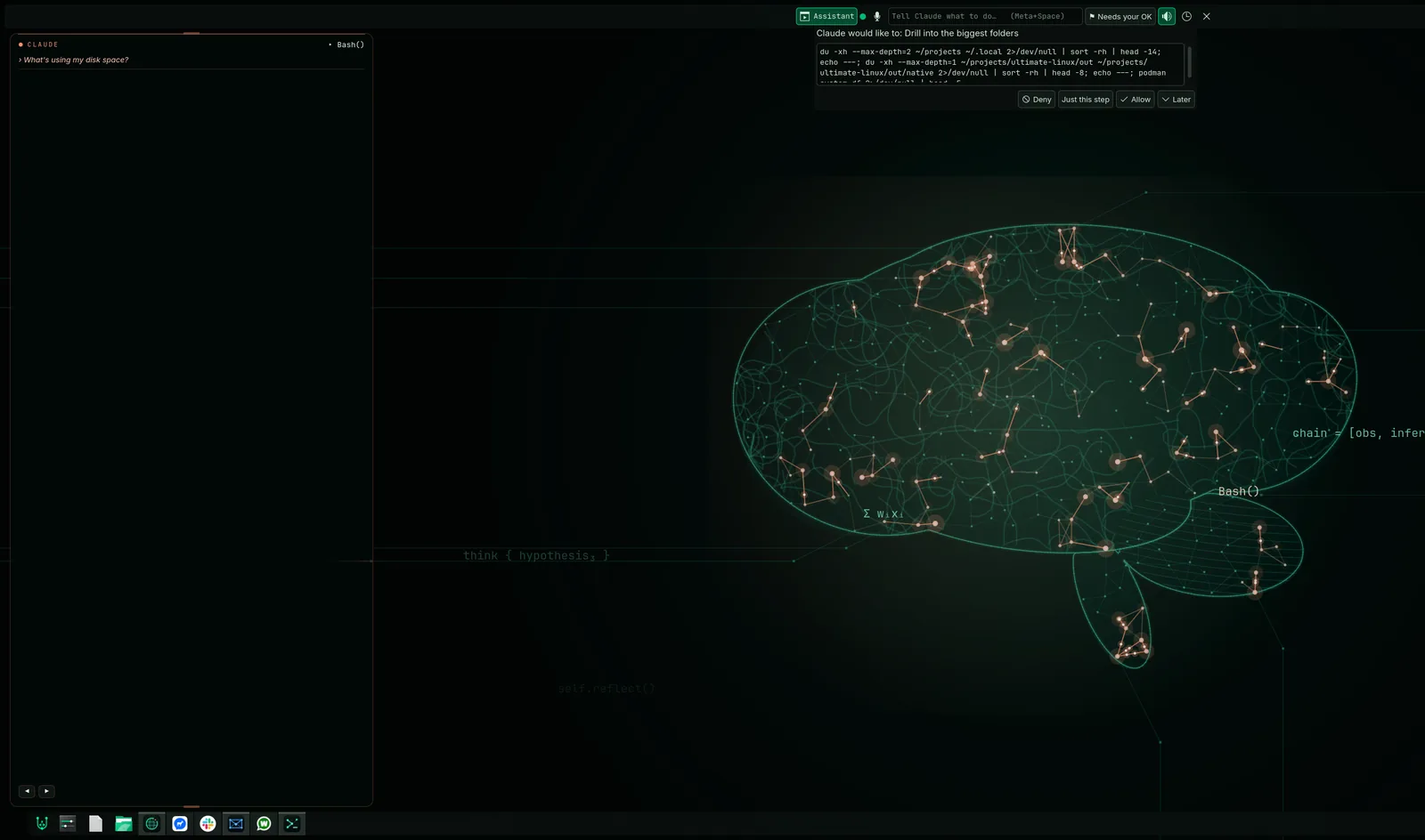 The Claude bar asked what is using my disk space. A prompt at the top reads: Claude would like to drill into the biggest folders, showing the exact du command, with Deny, Just this step, Allow and Later buttons. The brain wallpaper has turned coral while Claude works.