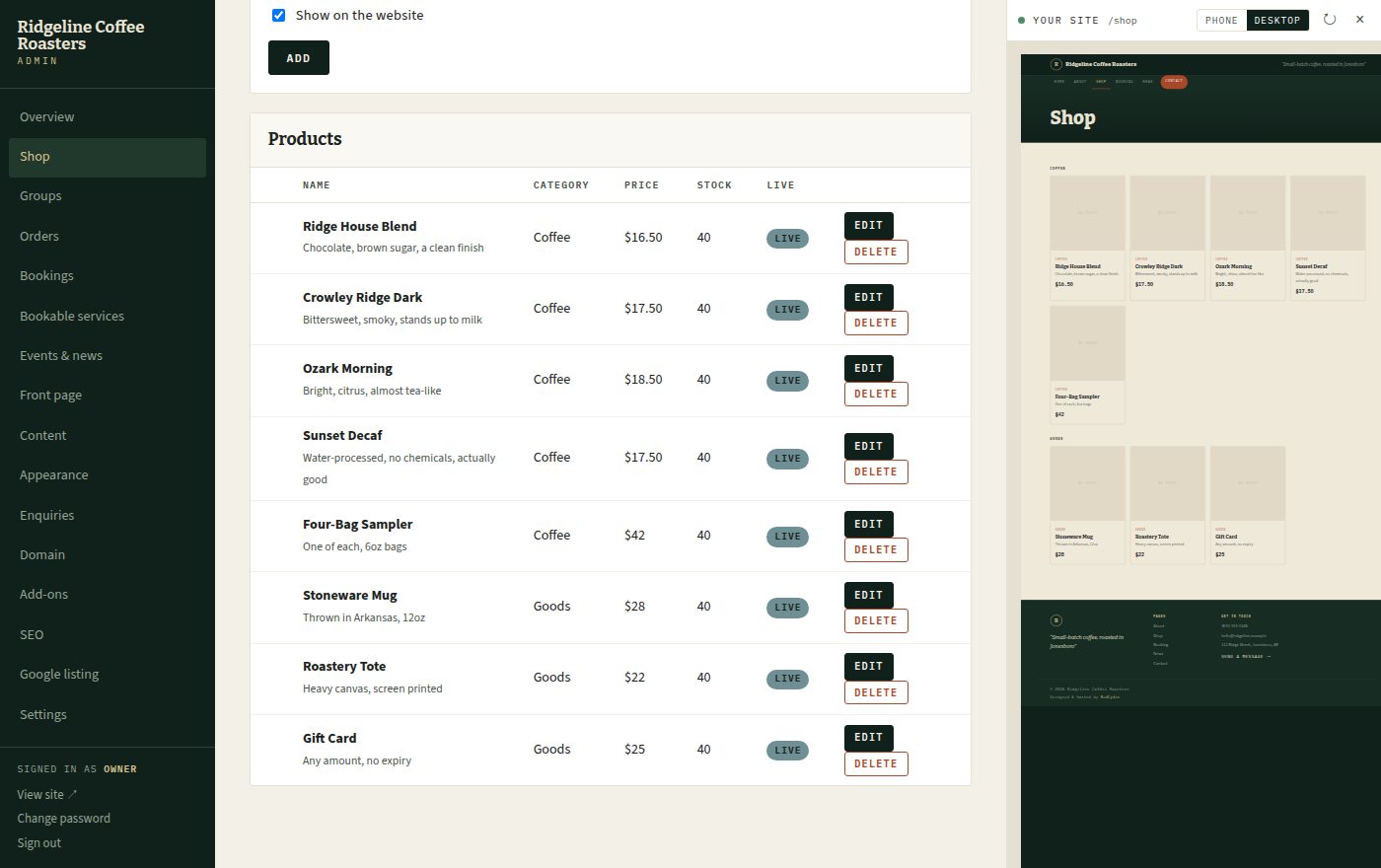 The shop screen of the editor listing eight products, with a live preview of the storefront beside it
