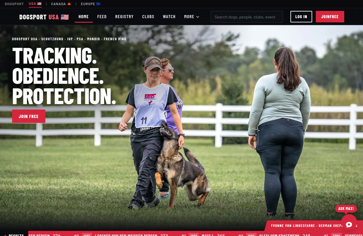 DogSport USA homepage: a handler heeling a German Shepherd at a trial, under the headline Tracking. Obedience. Protection.