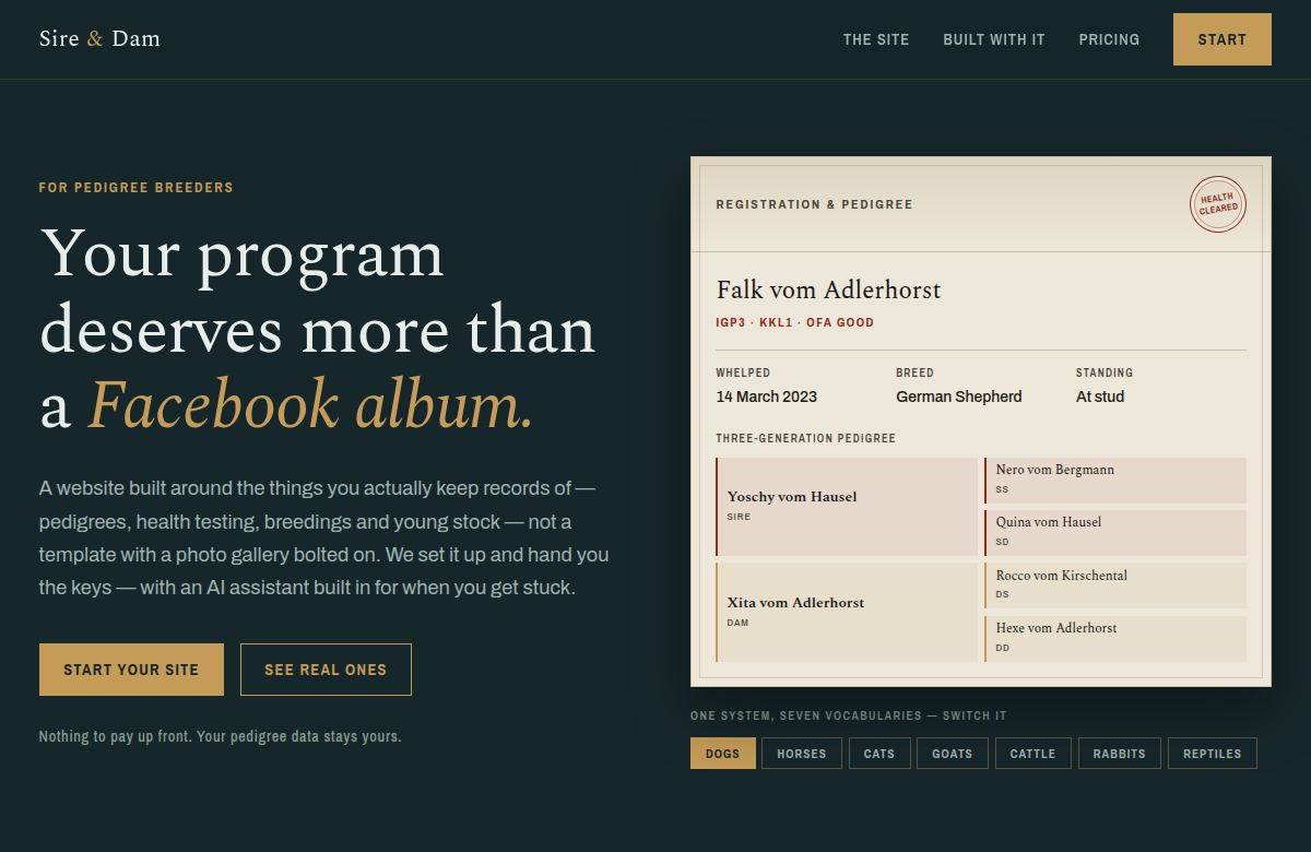 Sire & Dam homepage: websites built around pedigrees